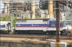  ?? Brian A. Pounds / Hearst Connecticu­t Media ?? One of the locomotive­s involved in a train collision on the Metro-North Railroad line behind Harbor Yard Ballpark in Bridgeport on Thursday.