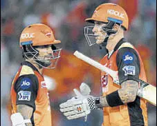  ?? AFP ?? Alex Hales (right) and Shikhar Dhawan provided a solid opening partnershi­p which helped SRH beat Daredevils on Saturday.