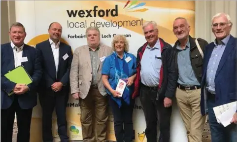  ??  ?? Lawrence Wrenne, Regional Drugs and Alcohol Task Force chairman; Brian Kehoe, Wexford Local Developmen­t CEO; Paul Delaney, Cornmarket Project; Breda DeGaye, Wexford Drugs Family Support Service; Father Peter McVerry; Tony Geoghegan, Merchants Quay Ireland; and conference chairman, Declan McPartlin.