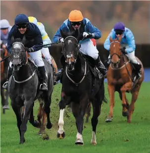  ?? MIKE HEWITT/GETTY IMAGES ?? Former footballer Michael Owen (dark blue cap), riding Calder Prince, on his way to finishing second behind Golden Wedding in the charity race at Ascot yesterday