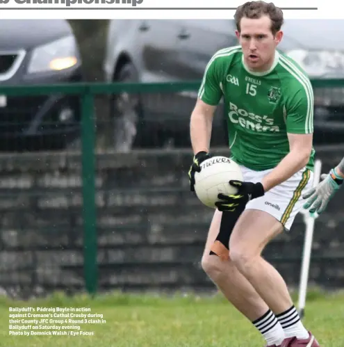  ??  ?? Ballyduff’s Pádraig Boyle in action against Cromane’s Cathal Crosby during their County JFC Group 4 Round 3 clash in Ballyduff on Saturday evening Photo by Domnick Walsh / Eye Focus