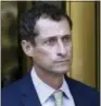  ?? MARK LENNIHAN — THE ASSOCIATED
PRESS FILE ?? In this file photo, former Congressma­n Anthony Weiner leaves federal court following his sentencing in New York. Weiner is set to report to the Federal Medical Center, Devens, Mass., Monday to serve his prison sentence in a sexting case that rocked the...