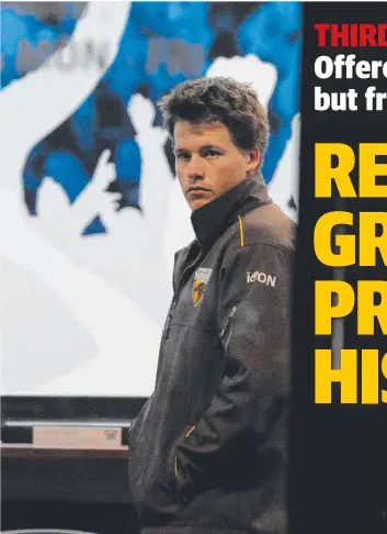  ?? Picture: ANDREW HENSHAW ?? NERVOUS WAIT: Inverleigh’s Dalton Grundell waits at his AFL Victoria appeal. His three-match ban was later overturned, clearing him to play. INSET: In action for the Hawks.