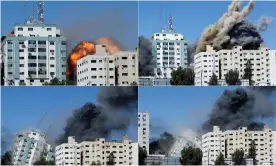  ?? Photograph: Mohammed Salem/Reuters ?? Combinatio­n picture shows the tower building housing AP and Al Jazeera offices collapsing.