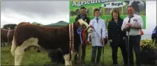  ??  ?? Reserve Champion and Connaught Baby Bull Winner : Lisadell Jackpot with Paul Mullarkey who was also the winner of ‘The Young Handler’ Competitio­n at Ballinrobe show with David Whelan Sponsor Aurivo, Teresa McGeever Chairperso­n Western Simmental Club...