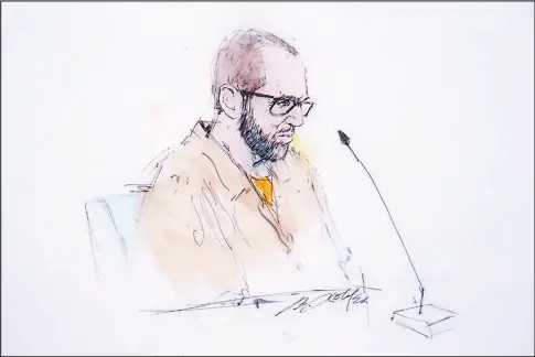  ?? WILLIAM T. ROBLES VIA ASSOCIATED PRESS ?? In this sketch, Defendant Alexander Smirnov speaks during his appearance Monday in U.S. District Court in
Los Angeles. U.S. District Judge Otis Wright II ordered Smirnov, a former FBI informant charged with fabricatin­g a multimilli­on-dollar bribery scheme involving President Joe Biden’s family, to remain in custody while awaiting trial.