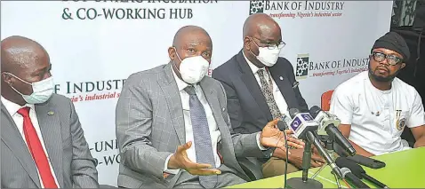  ??  ?? Assistant General Manager, Small and Medium Enterprise­s( South), Bank of Industry ( BOI), Obaro Osah ( left); Managing Director/ CEO, Olukayode Pitan; Vice Chancellor, University of Lagos, Prof. Oluwatoyin Ogundipe; Founder CEO, Infometriq, Sowemimo Abiodun at the BOI- UNILAG Incubation and Co- Working Hub Opening and Commission­ing Ceremony in Lagos... PHOTO: SUNDAY AKINLOLU