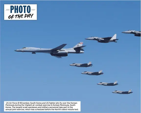  ??  ?? US Air Force B-1B bomber, South Korea and US fighter jets fly over the Korean Peninsula during the Vigilant air combat exercise in Korean Peninsula, South Korea. The largest-scale warplanes and military personnel take part in the annual joint exercise,...