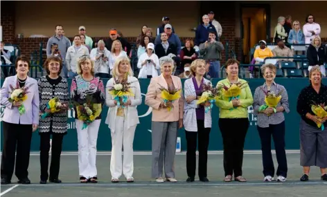  ?? AP Photo/Mic Smith ?? In this 2012 file photo, members of the original nine women (from left to right) Billie Jean King, Peaches Bartkowicz, Kristy Pigeon, Valerie Ziegenfuss, Judy Tegart Dalton, Julie Heldman, Kerry Melville Reid, Nancy Richey and Rosie Casals, who helped start the women’s profession­al tennis tour are honored at the Family Circle Cup tennis tournament in Charleston, S.C.