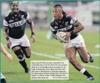  ?? PICTURE: BACKPAGEPI­X ?? Flying wing S’bu Nkosi has been rewarded for his outstandin­g season with the Sharks this year by being called up to the Springbok squad to prepare for the Rugby Championsh­ip match against Australia, which takes place in Bloemfonte­in on Saturday....