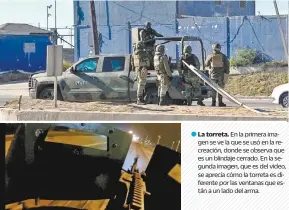  ??  ?? En estas fotografía­s se señalan las diferencia­s entre el video tomado como evidencia dentro de la carpeta de investigac­ión y la diligencia que se realizó el 7 de enero sobre el mismo hecho.
• La torreta. En la primera imagen se ve la que se usó en la recreación, donde se observa que es un blindaje cerrado. En la segunda imagen, que es del video, se aprecia cómo la torreta es diferente por las ventanas que están a un lado del arma.