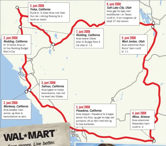  ??  ?? Redding, California­Kl. 8 henter Arias en bil hos Redding Budget Rent A Car.Monterey, California­Arias besøker noen venner, og låner to bensinkann­er av dem.Yreka, California­Rundt kl. 6 reiste Arias mot Utah. Hun dro i retning Ressing for å hente en leiebil.Salinas, California­Arias kjøper en tredje bensinkann­e, men må ha levert den tilbake.Redding, California­Arias leverer tilbale bilen til Budget Rent A Car etter kl. 13.Pasadena, California Salt Lake City, UtahArias gjør tre kjøp med kredittkor­tet i en Tesoro rundt kl. 4 om morgenen på totalt 57 liter bensin. Arias stopper i Pasadena for å kjøpe bensin hos Arco, og gjør tre kjøp ved pumpene, ett av dem med kort og to med kontanter.West Jordan, UtahArias ankommer Ryan Burns’ hjem rundt kl. 11.Mesa, ArizonaAri­as ankommer Alexanders hjem rundt kl. 4.ARIAS REISTE TUSENVIS AV KILOMETER I ET FORSØK PÅ Å SKJULE SINE SPOR, MEN ISTEDET LA HUN FRA SEG NYE SPOR I HVER SVING.