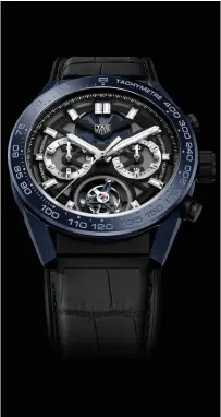  ??  ?? case size: 45mm case Material: midnight blUE CEramiC dial: blaCk opalinE strap: blaCk alligator MoveMent: CalibrE hEUEr 02 toUrbillon power reserve: 65 hoUrS water resistance: 100m