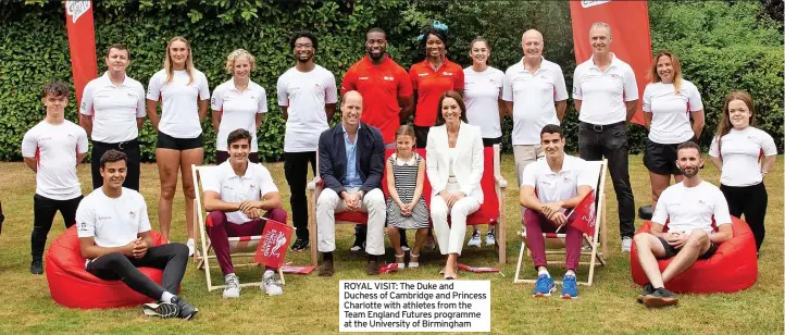  ?? Sport ?? ROYAL VISIT: The Duke and Duchess of Cambridge and Princess Charlotte with athletes from the Team England Futures programme at the University of Birmingham