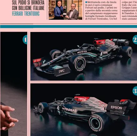  ??  ?? 1 1. Lewis Hamilton,
2
36 anni, ha conquistat­o 98 pole, 95 GP e 7 titoli iridati
2. La Mercedes W12, con la livrea nera e il classico argento 3. La vista posteriore che evidenzia le fiancate snelle
3