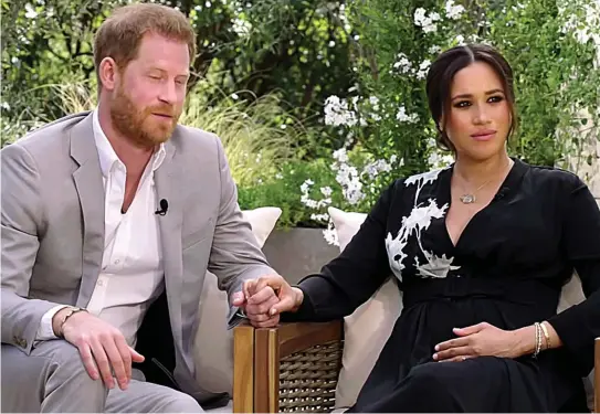  ??  ?? First look...Meghan and Harry hold hands as they talk to Oprah Winfrey for US TV special at their £11million home in California