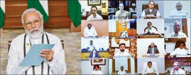  ?? PTI ?? Prime Minister Narendra Modi during an all-party meeting to discuss the situation along the India-china border via video-conferenci­ng, in New Delhi