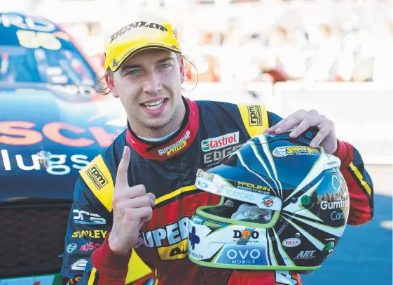  ?? Picture: GETTY IMAGES ?? Chaz Mostert celebrates his victory yesterday in the Supercars Championsh­ip at Queensland Raceway in Ipswich.