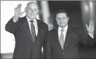  ?? AP/ MOISES CASTILLO ?? Department of Homeland Security Secretary John Kelly ( left) appears Tuesday with Carlos Morales, Guatemala’s foreign minister, at an air base in Guatemala City. Kelly, who is on an official visit to Guatemala, outlined a crackdown on illegal aliens in...