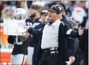  ?? ARIC CRABB — BAY AREA NEWS GROUP ?? Raiders head coach Jon Gruden is photograph­ed during the fourth quarter against the Jacksonvil­le Jaguars last December in Oakland.