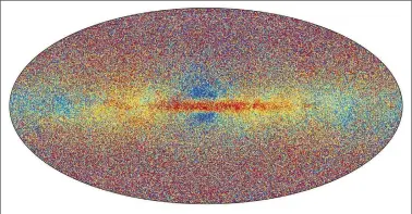  ?? ESA HANDOUT VIA AP ?? This all-sky view provided by European Space Agency on Monday shows a sample of the Milky Way stars in Gaia’s data release 3. The color indicates the stellar metallicit­y. Redder stars are richer in metals.