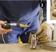  ?? ?? 2
3 POSITION a horseshoe (or three) or other object on top and weld together.
4 DRILL holes at the bottom of each piece of tube so you can use screws to secure the wooden stakes in place.
