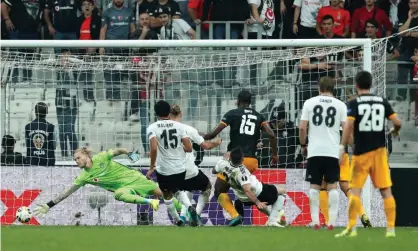  ??  ?? Willy Boly scores the winning goal for Wolves against Besiktas in the Europa League. Photograph: Murad Sezer/Reuters