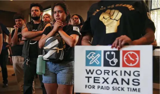  ??  ?? Pamela Gaytan 19, listens during a public hearing on the proposal for a citywide paid sick leave ordinance at the San Antonio City Council chambers. Of the 136 who signed up to speak, 17 were against the ordinance.