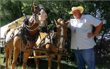  ?? Arkansas Democrat-Gazette/BILL BOWDEN ?? Kenny Underdown of Alpena gets horses ready Friday morning to pull his wagon 71 miles from Harrison to Springdale. Underdown is wagon master for the Harrison Roundup Club Annual Wagon Train. The wagon train has been a tradition since 1977, although it went by a different name in previous years. The riders plan to arrive in Springdale on Wednesday, just in time to participat­e in the annual Rodeo of the Ozarks parade.