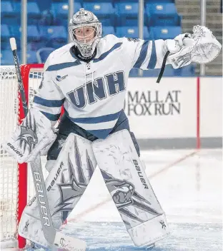  ?? MICHELLE BRONNER/SPECIAL TO THE GUARDIAN ?? Goaltender Ava Boutilier is in her second year playing for the University of New Hampshire Wildcats.