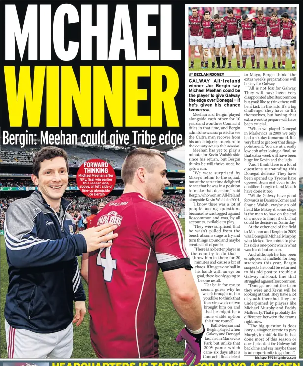  ??  ?? Michael Meehan after NFL final win earlier this season and, above, on left side of line-up alongside Joe Bergin