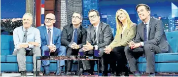  ?? SCOTT KOWALCHYK/CBS ?? Stephen Colbert, third from right, sits with guests, from left, Jon Stewart, Rob Corddry, John Oliver, Samantha Bee, and Ed Helms during The Late Show with Stephen Colbert, on Tuesday.