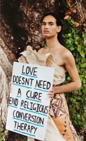  ??  ?? Clockwise from opposite page: Shaneel Lal (centre) at Auckland’s Pride March; Nathan Despott (left) and Chris Csabs from SOGICE Survivors; Lal with sign and wearing a tapa cloth.