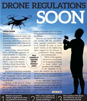  ?? Ministries represent the majority of applicants for drone use, primarily for aerial surveys, oil field inspection­s and project-related applicatio­ns. PACA, as the regulator, will serve as a focal point for all requests pertaining to drone import and operat ?? TURN TO