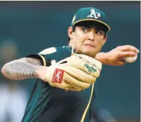  ??  ?? A’s starter Sean Manaea rebounded from a bad night last week to pitch into the eighth inning, giving up just two runs. Oakland starters are 7-1 in their past 11 games.