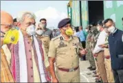  ?? ANI ?? J&K lieutenant governor Manoj Sinha (2nd from left) in Srinagar.