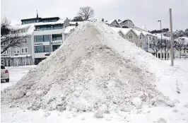  ??  ?? SNØFJELL: Og dette snøfjellet har bygd seg nokså stort på Shellbrygg­a. Spørsmålet er hvor lenge det blir liggende.