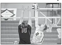  ?? Special to the NWA Democrat-Gazette/MIKE KEMP ?? Bentonvill­e’s Tymber Riley (12) hits a shot over Springdale’s Jenna Morris on Wednesday during the Lady Tigers’ 3-0 victory over the Lady Bulldogs in the Class 7A state volleyball tournament at Buzz Bolding Arena in Conway. Riley finished with 12 kills...