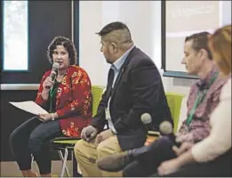  ?? Cara Brostrom ?? FELICIA JADCZAK, left, co-CEO of the Boston firm She+ Geeks Out, leads a diversity summit. She has been attending more to her staff ’s emotional needs.