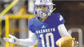  ?? AMY SHORTELL/THE MORNING CALL ?? Nazareth’s Nathan Stefanik has spent much of his senior season celebratin­g touchdowns for the 12-1 Blue Eagles.