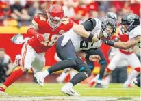  ?? DAVID EULITT/GETTY ?? Kansas City linebacker Terrance Smith tackles Blake Bortles in the fourth quarter for one of five sacks recorded by the Chiefs on Sunday.