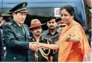  ?? PTI ?? Defence Minister Nirmala Sitharaman greets her Chinese counterpar­t General Wei Fenghe at South Block