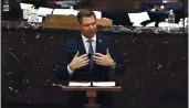  ?? SENATE TELEVISION ?? House impeachmen­t manager Rep. Eric Swalwell, D-Calif., speaks during the second impeachmen­t trial of former President Donald Trump in the Senate at the U.S. Capitol in Washington.