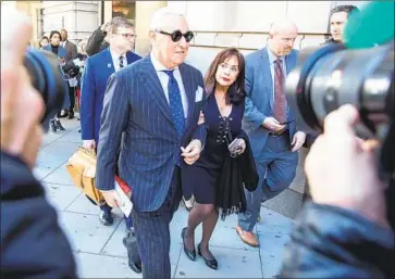  ?? ERIK S. LESSER EPA/Shuttersto­ck ?? ROGER STONE leaves court in Washington with his wife, Nydia. Asked by reporters whether he had any comment on his conviction, Stone replied, “None whatsoever.” He could face up to 20 years behind bars.