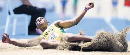  ?? GLADSTONE TAYLOR ?? Jamaica’s Jaydon Hibbert claims gold with a distance of 7.62m in the Boys Under 20 Long Jump event at the Carifta Games in Kingston on Sunday, April 17.