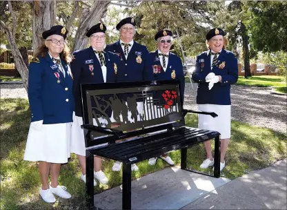  ?? NEWS PHOTO COLLIN GALLANT ?? Members of the Women’s Auxiliary of the Royal Canadian Legion Robertson Branch 17 pose in front of one of seven stylized benches installed at Robertson Park in Medicine Hat thanks to their fundraisin­g efforts.