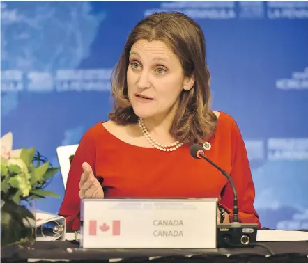  ?? — GETTY IMAGES ?? Chrystia Freeland, Canada’s Minister of Foreign Affairs, urged North Korea to give up its nuclear weapons program and open diplomatic channels in her remarks at the Vancouver Foreign Ministers Meeting on Security and Stability on the Korean Peninsula...