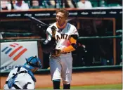  ?? RANDY VAZQUEZ — BAY AREA NEWS GROUP FILE ?? The San Francisco Giants’ Hunter Pence smiles before batting at Oracle Park in San Francisco on Aug. 2. Pence announced he’s retired from baseball on Saturday.