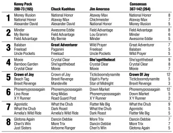  ??  ?? Analyst’s statistics: Number of races picked, top pick winners and in parenthese­s, top pick finishes in the money.