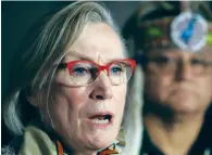  ?? CP PHOTO FRED CHARTRAND ?? Minister of Indigenous and Northern Affairs Carolyn Bennett talks to reporters on Parliament Hill in Ottawa. Crown Indigenous Relations Minister Carolyn Bennett says poverty has to stop being used as a reason to take Indigenous kids away from their...